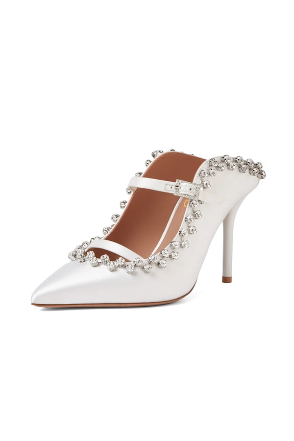 Women Stylish Rhinestones Pointed Closed Toe Mules Dual Straps Slip On Sandals Bridal Party Evening Shoes Size 4 White