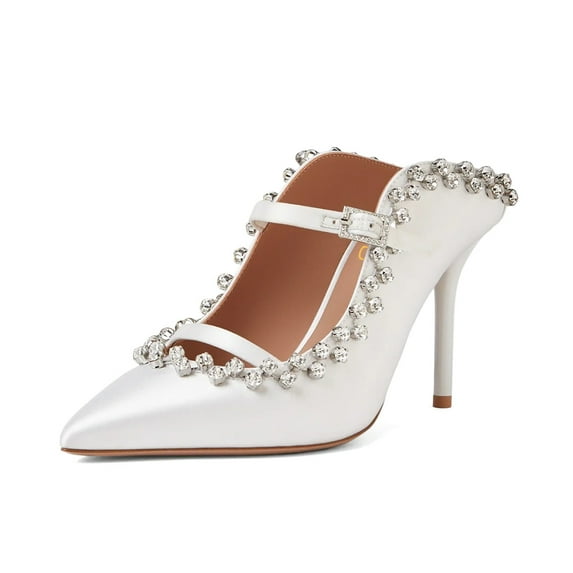 XYD Women Stylish Rhinestones Pointed Closed Toe Mules Dual Straps Slip On Sandals Bridal Party Evening Shoes Size 7 White