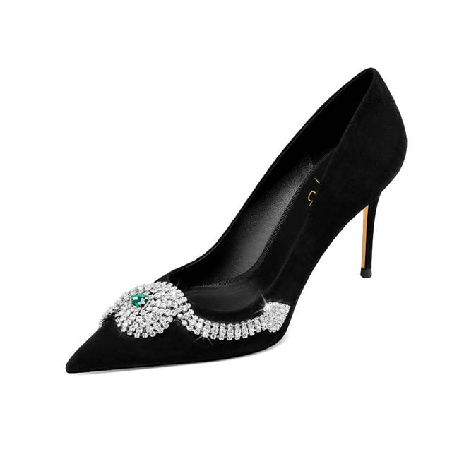 XYD Women Stylish Snake Rhinestones Pointy Close Toe Pumps Stiletto Thin High Heel Slip On Ladies Evening Shoes Size 4.5 Black