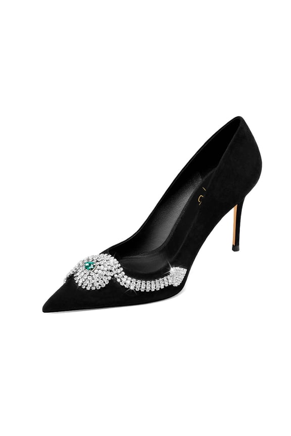 Women Stylish Snake Rhinestones Pointy Close Toe Pumps Stiletto Thin High Heel Slip On Ladies Evening Shoes Size 5 Black