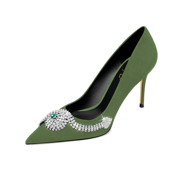 XYD Women Stylish Snake Rhinestones Pointy Close Toe Pumps Stiletto Thin High Heel Slip On Ladies Evening Shoes Size 5 Green