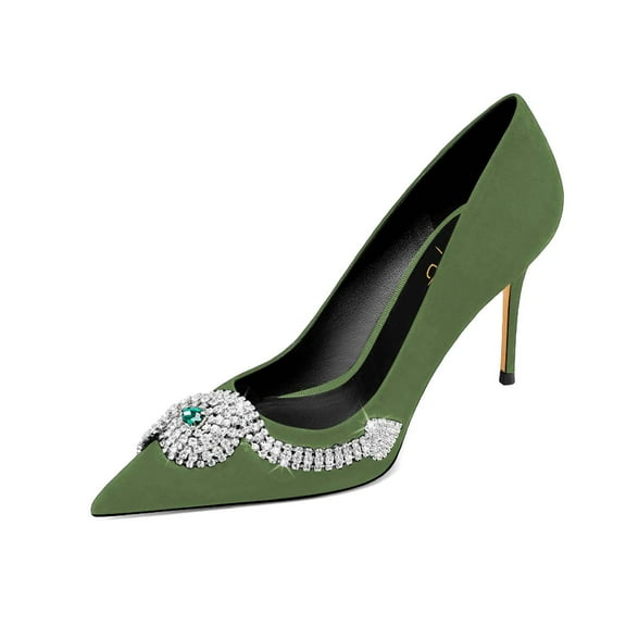 XYD Women Stylish Snake Rhinestones Pointy Close Toe Pumps Stiletto Thin High Heel Slip On Ladies Evening Shoes Size 9 Green