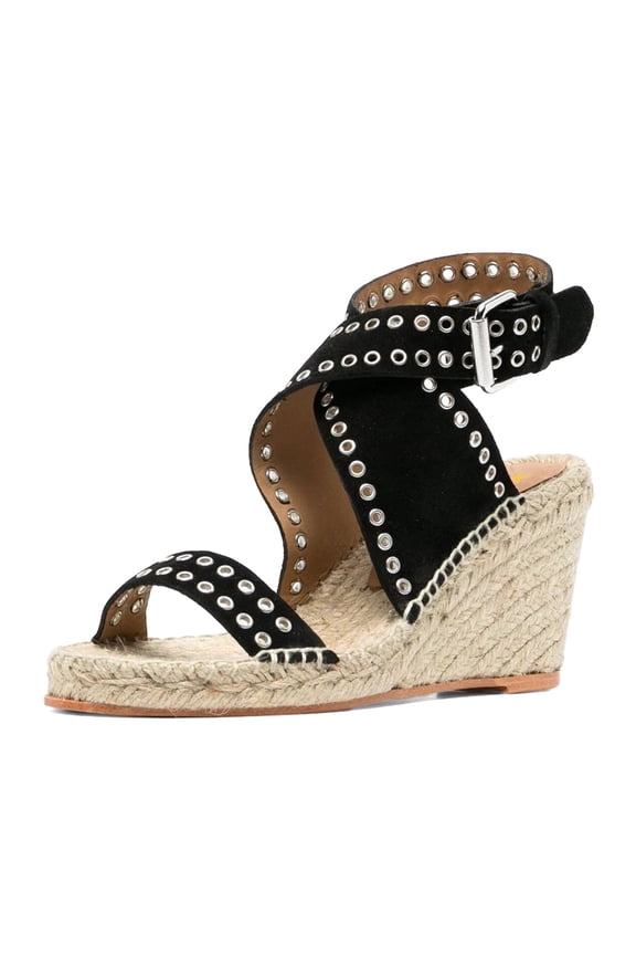 Women Summer Open Toe Ankle Strap Eyelets Espadrilles Sandals Crossover Straps Wedge Heel Casual Dress Shoes Size 16 Black