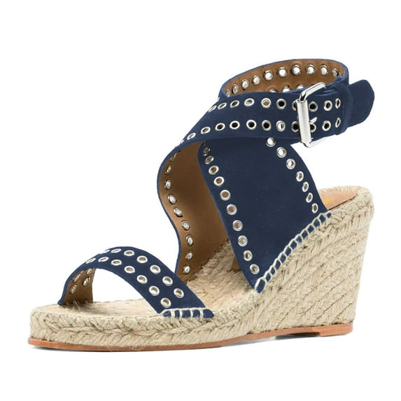 XYD Women Summer Open Toe Ankle Strap Eyelets Espadrilles Sandals Crossover Straps Wedge Heel Casual Dress Shoes Size 9.5 Blue