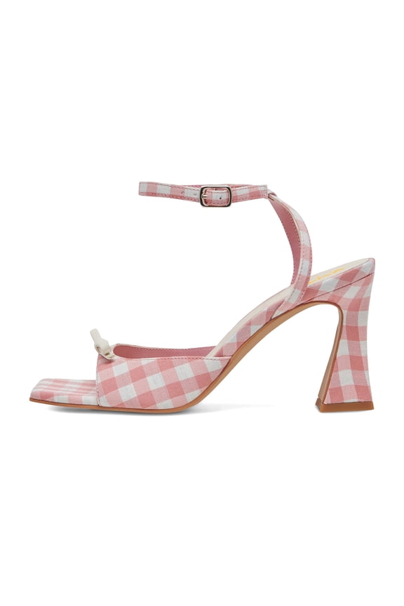 Women Sweet Plaid Flared Mid Heels Open Square Toe Sandals Bowknot Lawn Party Lovely Shoes Size 7 Pink