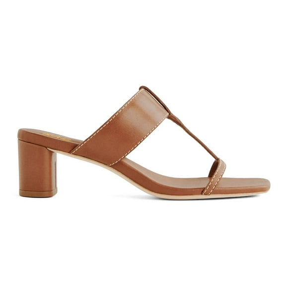 XYD Women T-Strap Open Square Toe Mule Sandals Slip on Low Block Heels Comfortable Casual Dress Summer Slides Size 7 Brown