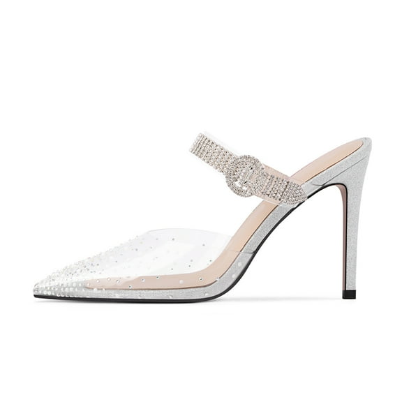 XYD Women Transparent Pointed Toe Mules Crystal Buckle Strap Slides Sandals Backless Stiletto High Heel Party Shoes Size 12.5 Silver