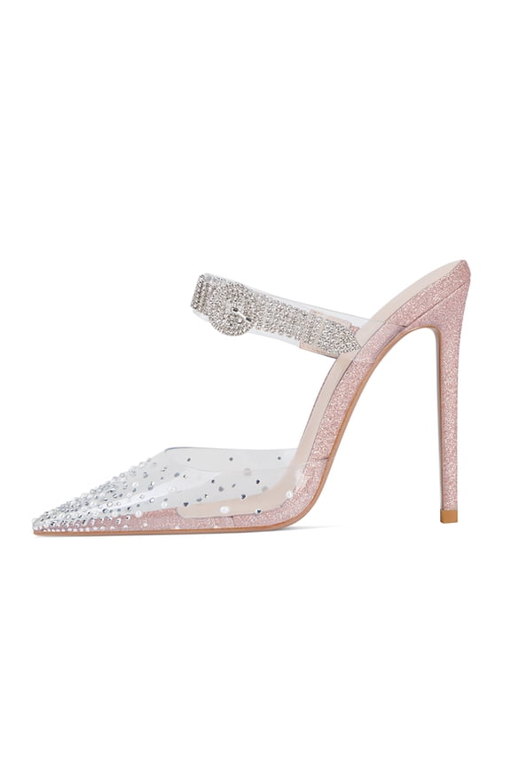 Women Transparent Pointed Toe Mules Crystal Buckle Strap Slides Sandals Backless Stiletto High Heel Party Shoes Size 7 Pink
