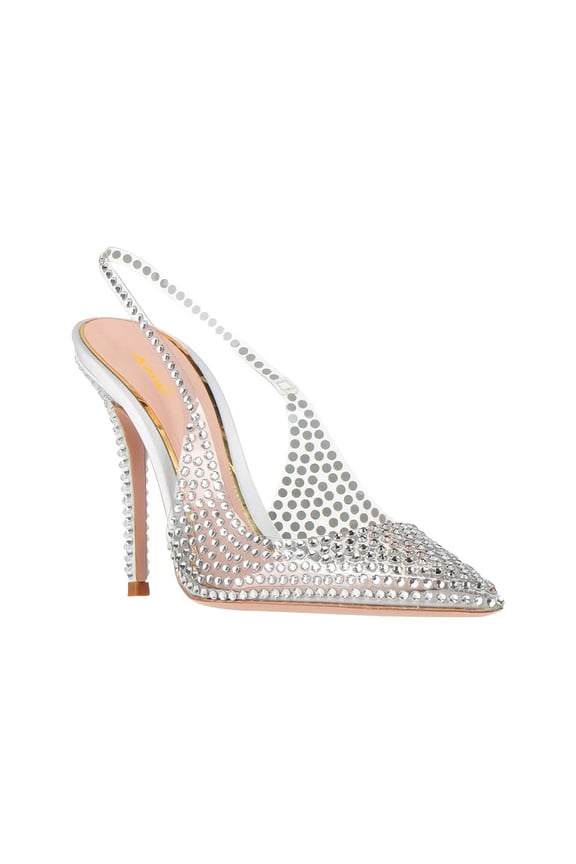 Women Transparent Slingback Pumps with Crystal Studs Pointed Toe Stiletto High Heels Evening Prom Sandal Shoes Size 8 Silver