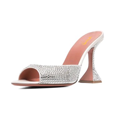 XYD Women Trendy Sparkle Rhinestone Studs Mules Pointy Open Toe FlaWhite High Heel Slip On Sandals Wedding Shoes Size 10.5 White