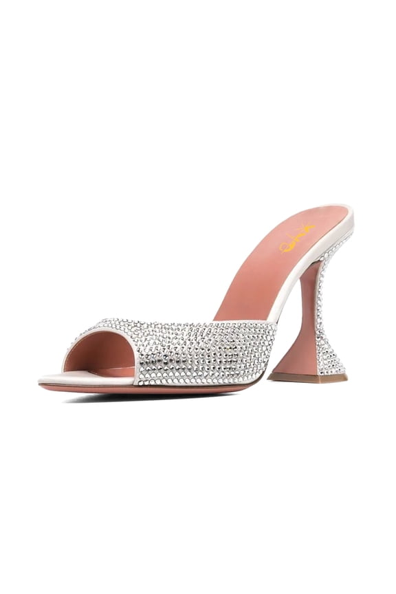 Women Trendy Sparkle Rhinestone Studs Mules Pointy Open Toe FlaWhite High Heel Slip On Sandals Wedding Shoes Size 10 White