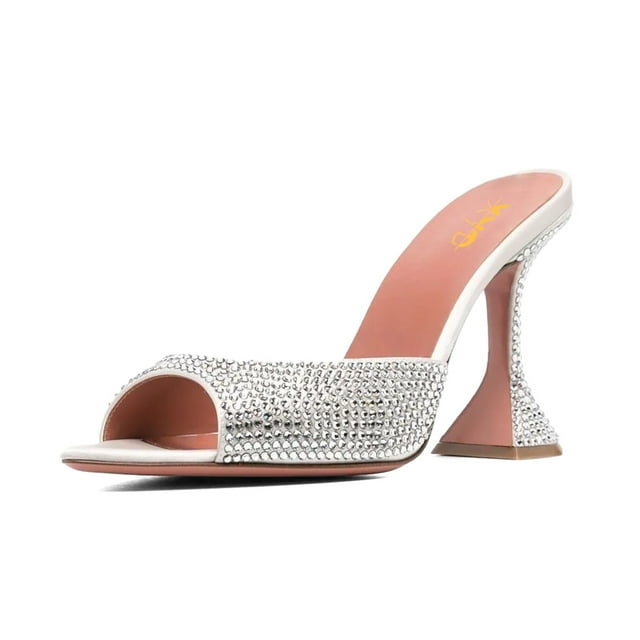 XYD Women Trendy Sparkle Rhinestone Studs Mules Pointy Open Toe FlaWhite High Heel Slip On Sandals Wedding Shoes Size 14.5 White