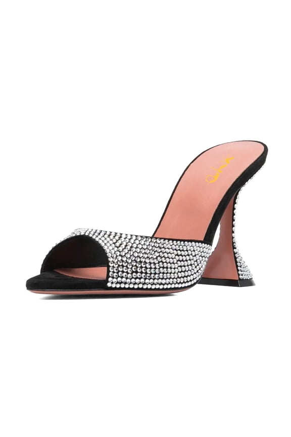 Women Trendy Sparkle Rhinestone Studs Mules Pointy Open Toe Flared High Heel Sandals Wedding Shoes Size 15 Black