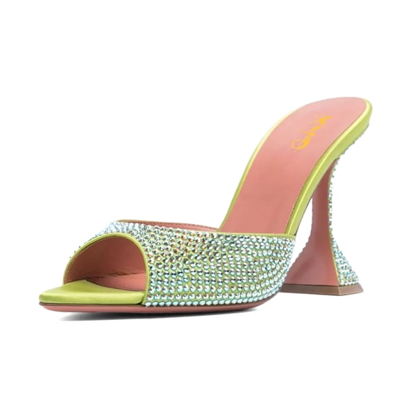XYD Women Trendy Sparkle Rhinestone Studs Mules Pointy Open Toe Flared High Heel Slip On Sandals Wedding Shoes Size 5 Pale Green