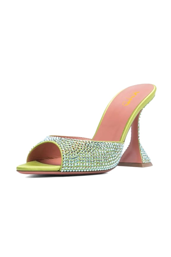 Women Trendy Sparkle Rhinestone Studs Mules Pointy Open Toe Flared High Heel Slip On Sandals Wedding Shoes Size 7 Pale Green