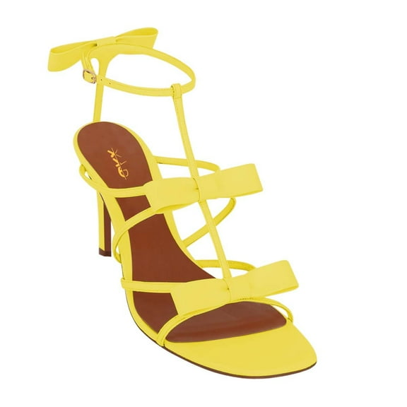 XYD Women Triple Bow T-Strap Sandals Open Toe Ankle Strap Stiletto High Heels Sexy Party Evening Bridal Shoes Size 12.5 Yellow