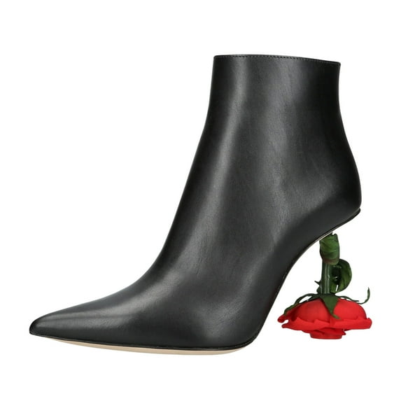 XYD Women' Unique Rose Heel Ankle Boots Zipper Pointed Toe Booties Romantic Date Party Shoes Size 13.5 Black