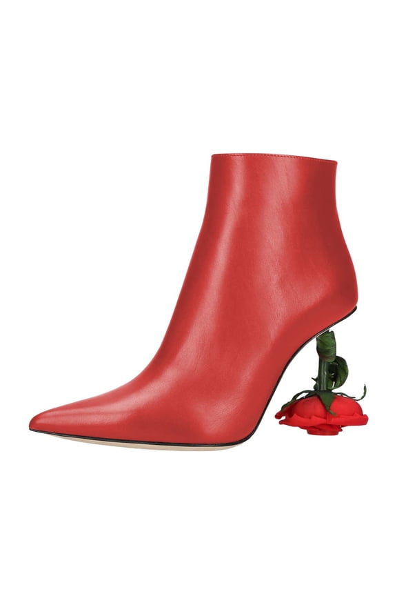 Women' Unique Rose Heel Ankle Boots Zipper Pointed Toe Booties Romantic Date Party Shoes Size 4 Red