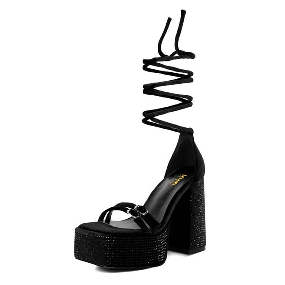 XYD Women Velvet Ankle Strap Rhinestones Sandals Chunky High Heels Square Open Toe Platform Pumps Wedding Event Shoes Size 10 Black