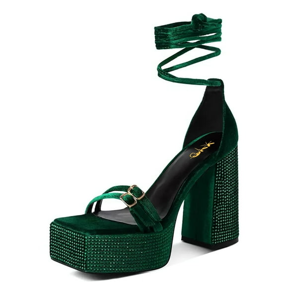 XYD Women Velvet Ankle Strap Rhinestones Sandals Chunky High Heels Square Open Toe Platform Pumps Wedding Event Shoes Size 13 Green