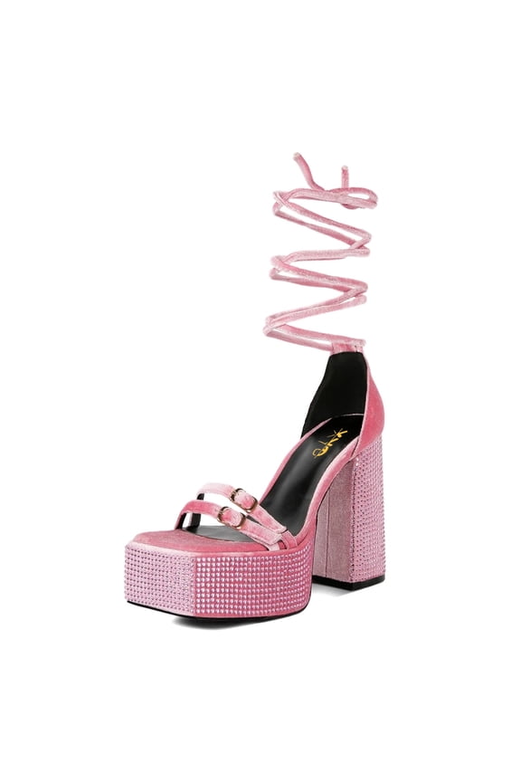 Women Velvet Ankle Strap Rhinestones Sandals Chunky High Heels Square Open Toe Platform Pumps Wedding Event Shoes Size 4 Pink