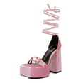 thumbnail image 1 of XYD Women Velvet Ankle Strap Rhinestones Sandals Chunky High Heels Square Open Toe Platform Pumps Wedding Event Shoes Size 8 Pink, 1 of 6