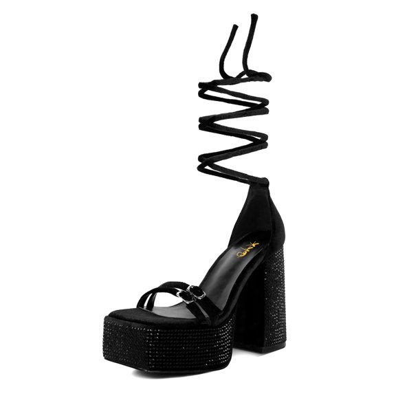XYD Women Velvet Ankle Strap Rhinestones Sandals Chunky High Heels Square Open Toe Platform Pumps Wedding Event Shoes Size 9 Black