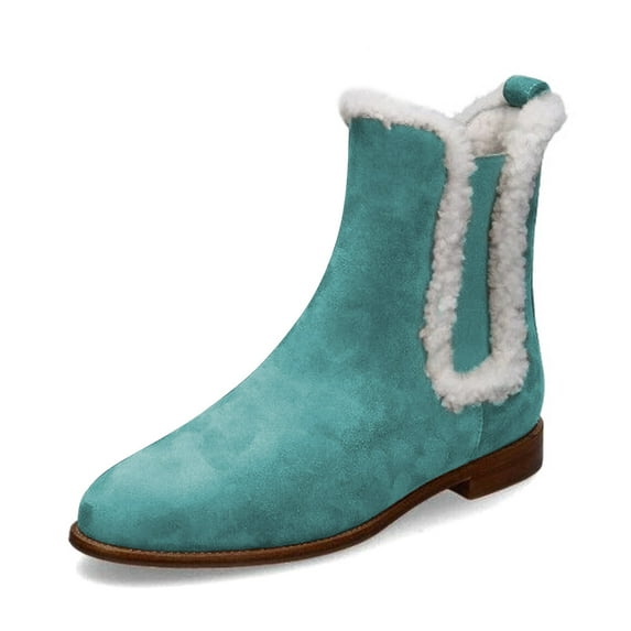XYD Women Round Closed Toe Chelsea Boots Side Elastic Furry Fireside Ankle Booties Cold Weather Flat Shoes Size 13 Turquoise