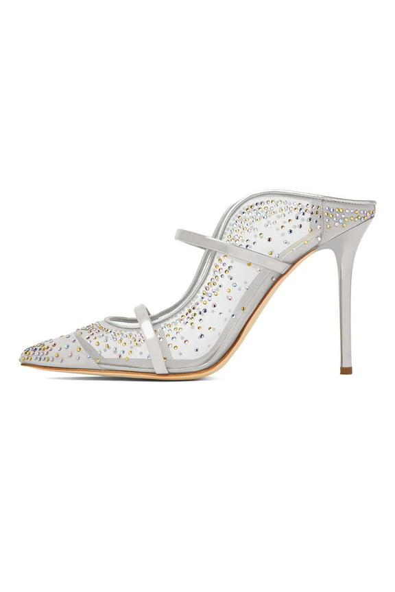 Women Wedding Rhinestone Mesh Pointy Close Toe Mules Dual Straps Stiletto High Heel Bridal Crystal Pumps Shoes Size 12.5 Silver