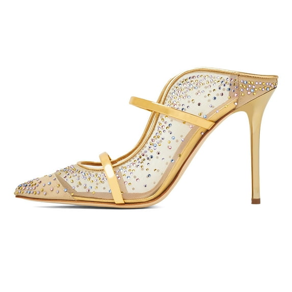 XYD Women Wedding Rhinestone Mesh Pointy Close Toe Mules Dual Straps Stiletto High Heel Bridal Crystal Pumps Shoes Size 15 Gold