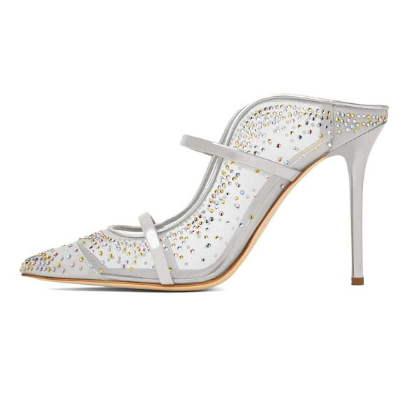 XYD Women Wedding Rhinestone Mesh Pointy Close Toe Mules Dual Straps Stiletto High Heel Bridal Crystal Pumps Shoes Size 4.5 Silver