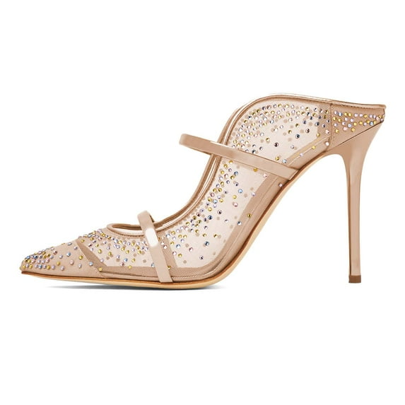 XYD Women Wedding Rhinestone Mesh Pointy Close Toe Mules Dual Straps Stiletto High Heel Bridal Crystal Pumps Shoes Size 7 Nude