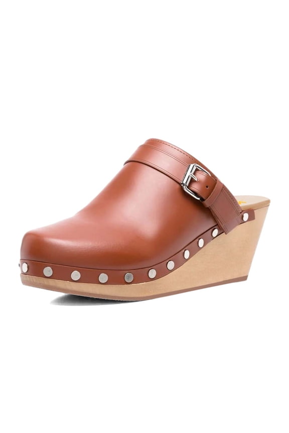 Women Wedge Heels with Studs Buckle Strap Slides Mules Round Closed Toe Slip On Casual Dress Cork Shoes Size 10 Brown