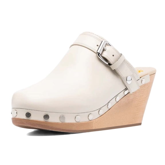 XYD Women Wedge Heels with Studs Buckle Strap Slides Mules Round Closed Toe Slip On Casual Dress Cork Shoes Size 6 White