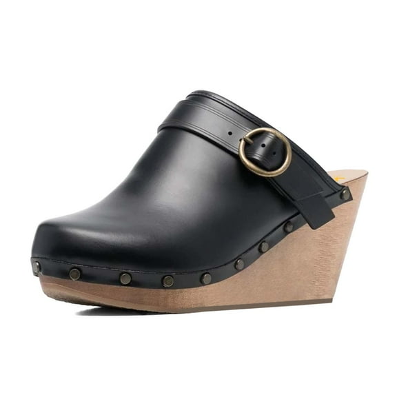XYD Women Wedge Heels with Studs Buckle Strap Slides Mules Round Closed Toe Slip On Casual Dress Cork Shoes Size 9 Black