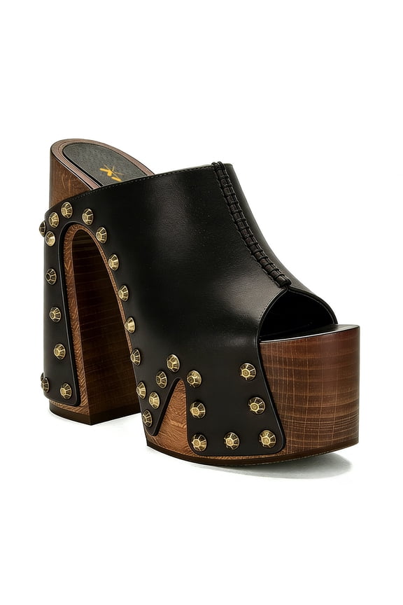 Women Wooden Chunky Heel Clog Mules Platform Brass Studs Open Toe Block Sandals Vintage Parties Shoes Size 7 Black