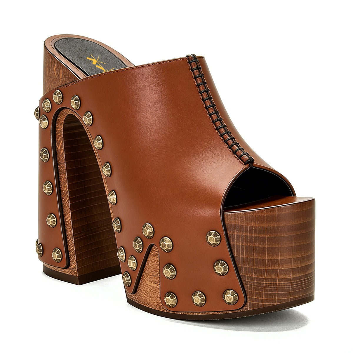 XYD Women Wooden Chunky Heel Clog Mules Platform Brass Studs Open