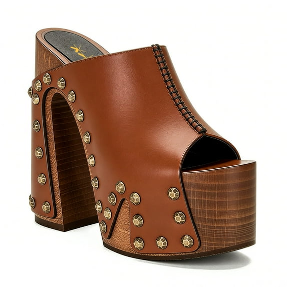 XYD Women Wooden Chunky Heel Clog Mules Platform Brass Studs Open Toe Block Sandals Vintage Parties Shoes Size 9 Brown