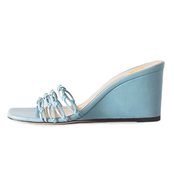 XYD Women Woven Strap Wedge High Heel Slide Sandals Square Open Toe Slip On Mules Elegant Beach Dressy Shoes Size 11.5 Blue