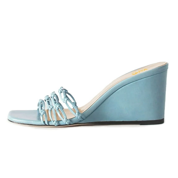 XYD Women Woven Strap Wedge High Heel Slide Sandals Square Open Toe Slip On Mules Elegant Beach Dressy Shoes Size 15.5 Blue