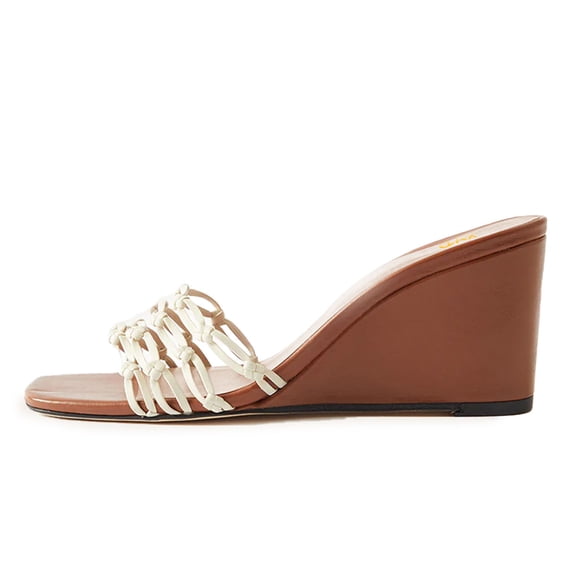 XYD Women Woven Strap Wedge High Heel Slide Sandals Square Open Toe Slip On Mules Elegant Beach Dressy Shoes Size 4.5 Brown