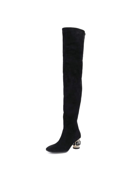 Women's Classic Over The Knee Thigh High Boots Square Closed Toe Chunky Crystal Low Heel Side Zip Dress Party Shoes Size 11 Black