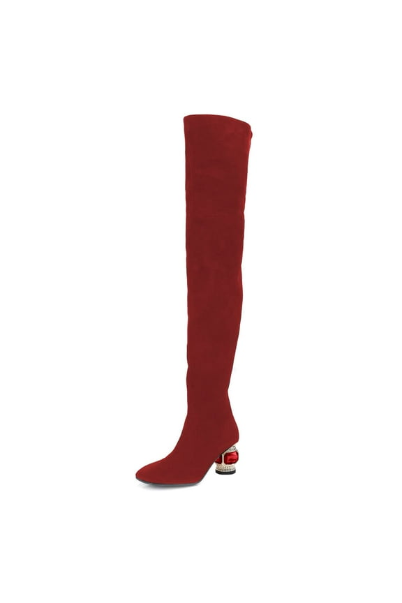 Women Classic Over-the-Knee Thigh High Boots Square Closed Toe Chunky Crystal Low Heels Side Zip Dress Party Shoes Size 16 Red