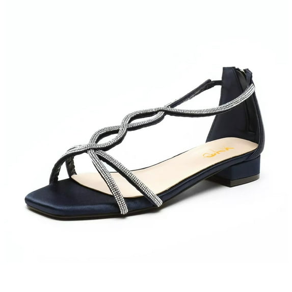 XYD Women's Crystal Low Heel Sandals Square Open Toe Strappy Flats with Back Zip Stylish Dress Shoes Size 7 Navy