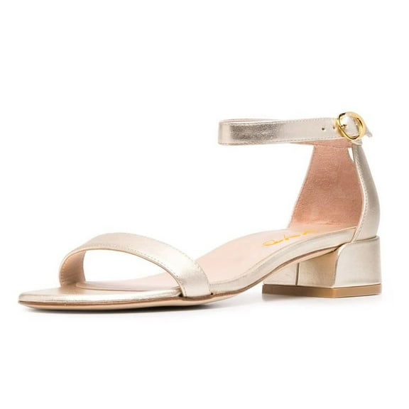 XYD Women's Dress Round Open Toe Ankle Strap Sandals with Buckle Classic Low Block Heel Shoes for Wedding Prom Size 14.5 Gold