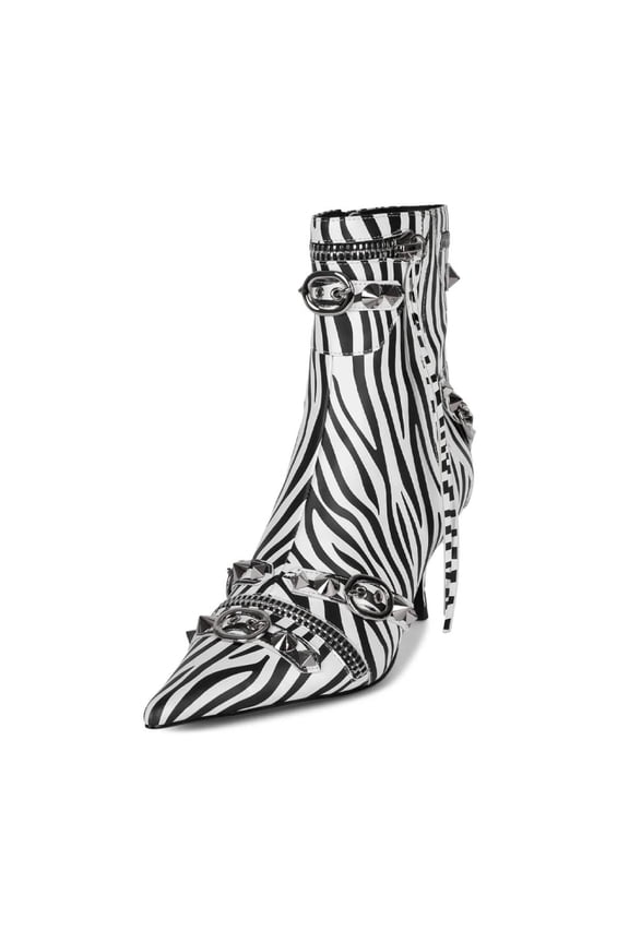 Women Rivets Studded Ankle Boots Pointed Toe Kitten Low Heels Zipped Short Booties Dress Club Shoes Size 10.5 Zebra