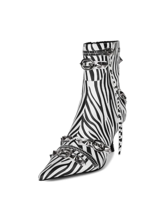 Women Rivets Studded Ankle Boots Pointed Toe Kitten Low Heels Zipped Short Booties Dress Club Shoes Size 7 Zebra