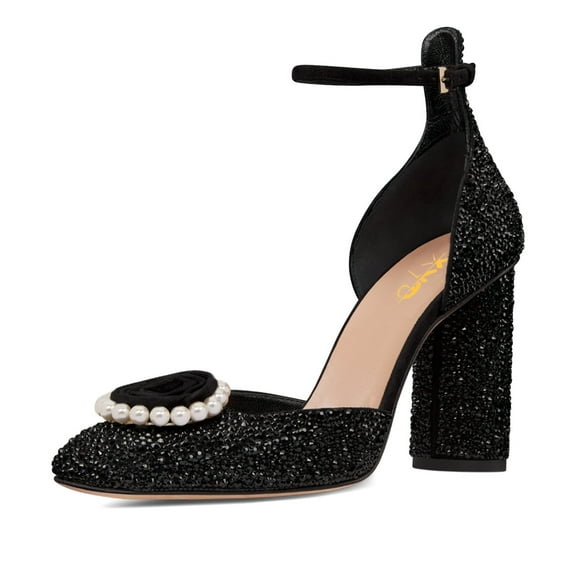 XYD Women's Fashion Square Toe Pumps with Rhinestone Crystals Block High Heels Rose Flower Bejeweled Ankle Strap D'Orsay Shoes for Date Party Size 7 Black