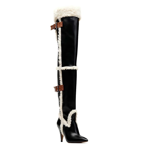 XYD Women's Fur Lined Over the Knee Boots Strap Buckles Pointed Toe Slip On High Heels Long Booties Versatile Dress Party Shoes Size 15.5 Black