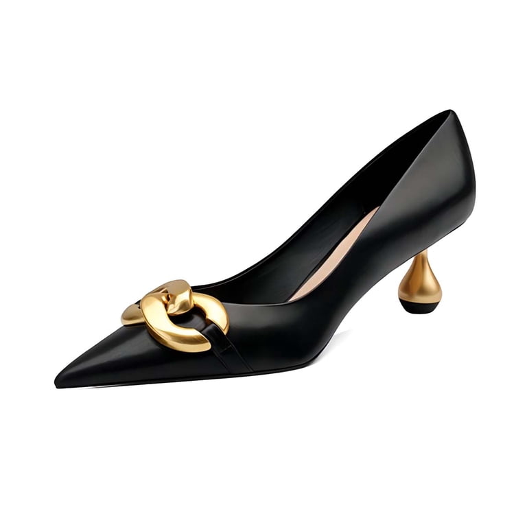 XYD Women's Low Golden Heel Closed Pointed Toe Pumps with Metal Chain Slip Ons Professional Lady Formal Office Dress Shoes Size 12 Black